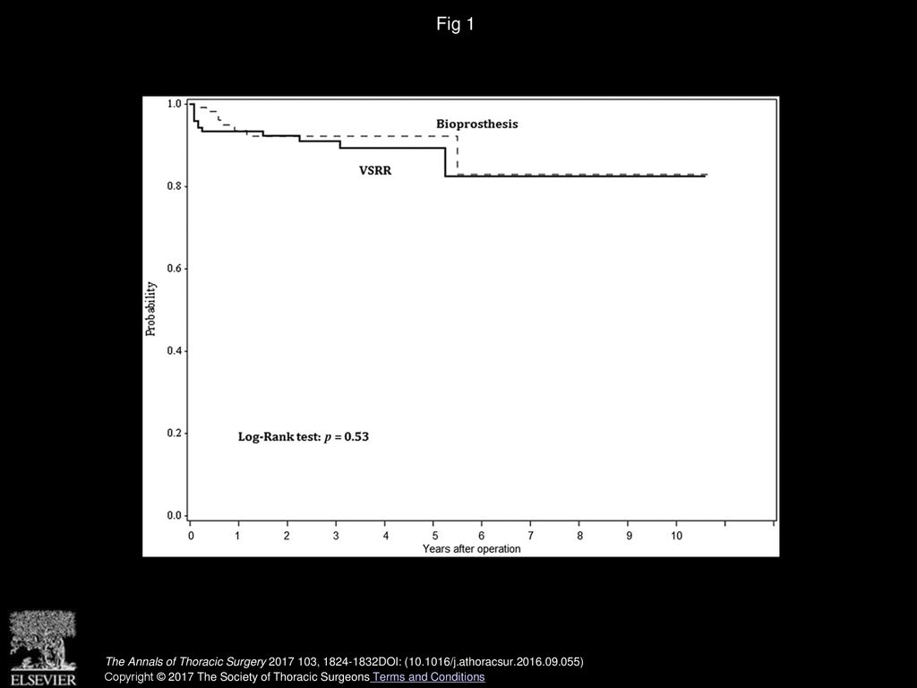 Fig 1 Survival in the propensity-score matched patients. (VSRR = valve-sparing root replacement.)
