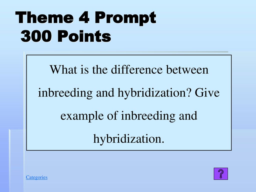 Theme 4 Prompt 300 Points What is the difference between inbreeding and hybridization.