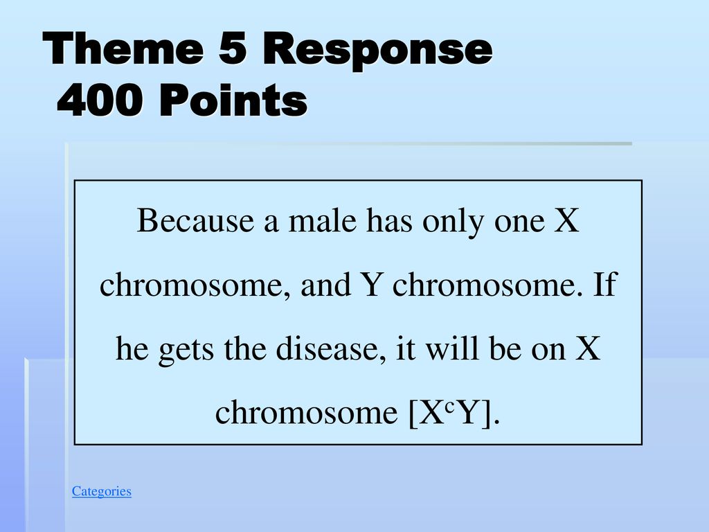 Theme 5 Response 400 Points Because a male has only one X chromosome, and Y chromosome.