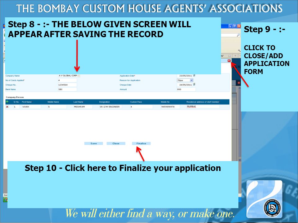 Step 10 - Click here to Finalize your application