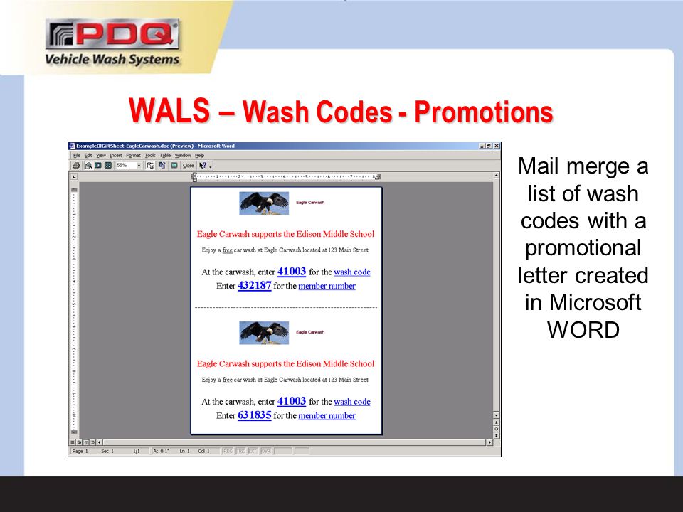 WALS – Wash Codes - Promotions