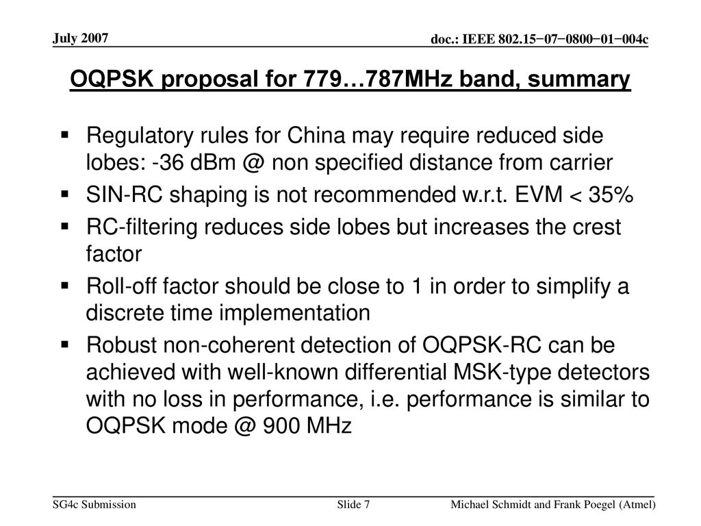 OQPSK proposal for 779…787MHz band, summary