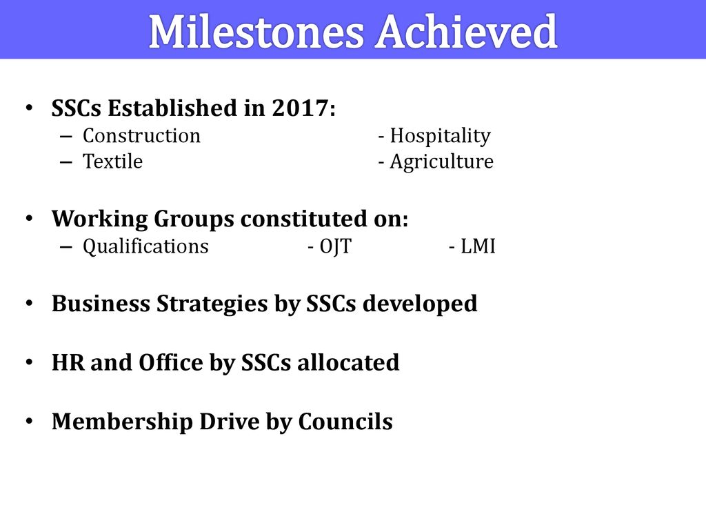 Milestones Achieved SSCs Established in 2017: