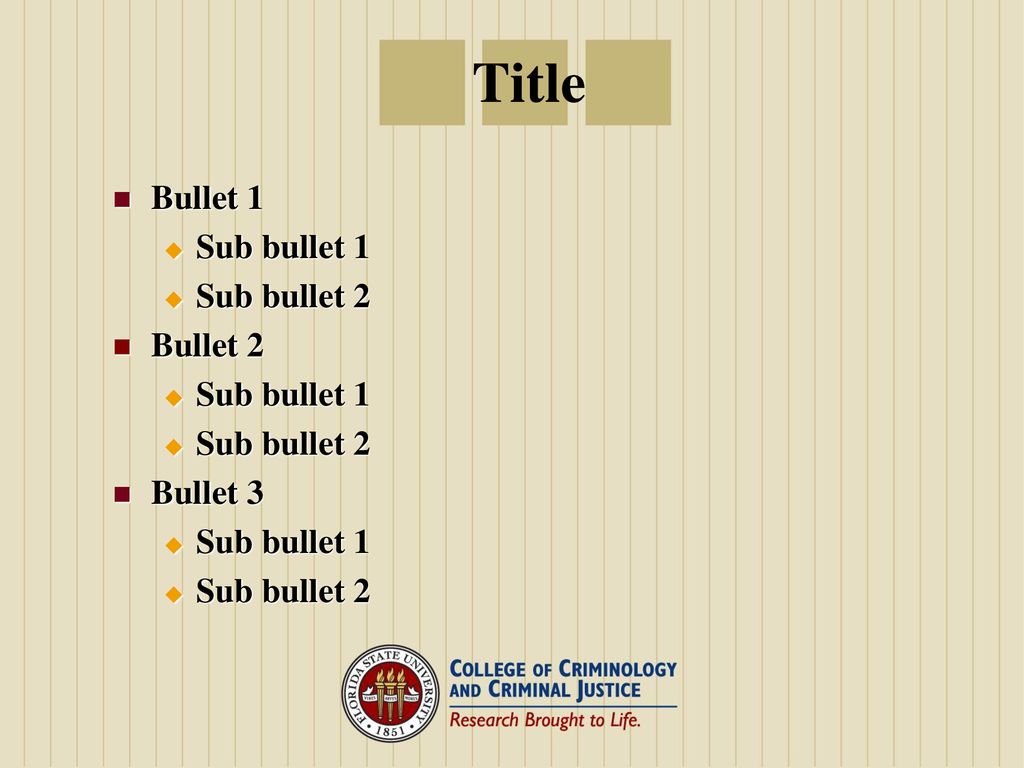 Title Bullet 1 Sub bullet 1 Sub bullet 2 Bullet 2 Bullet 3