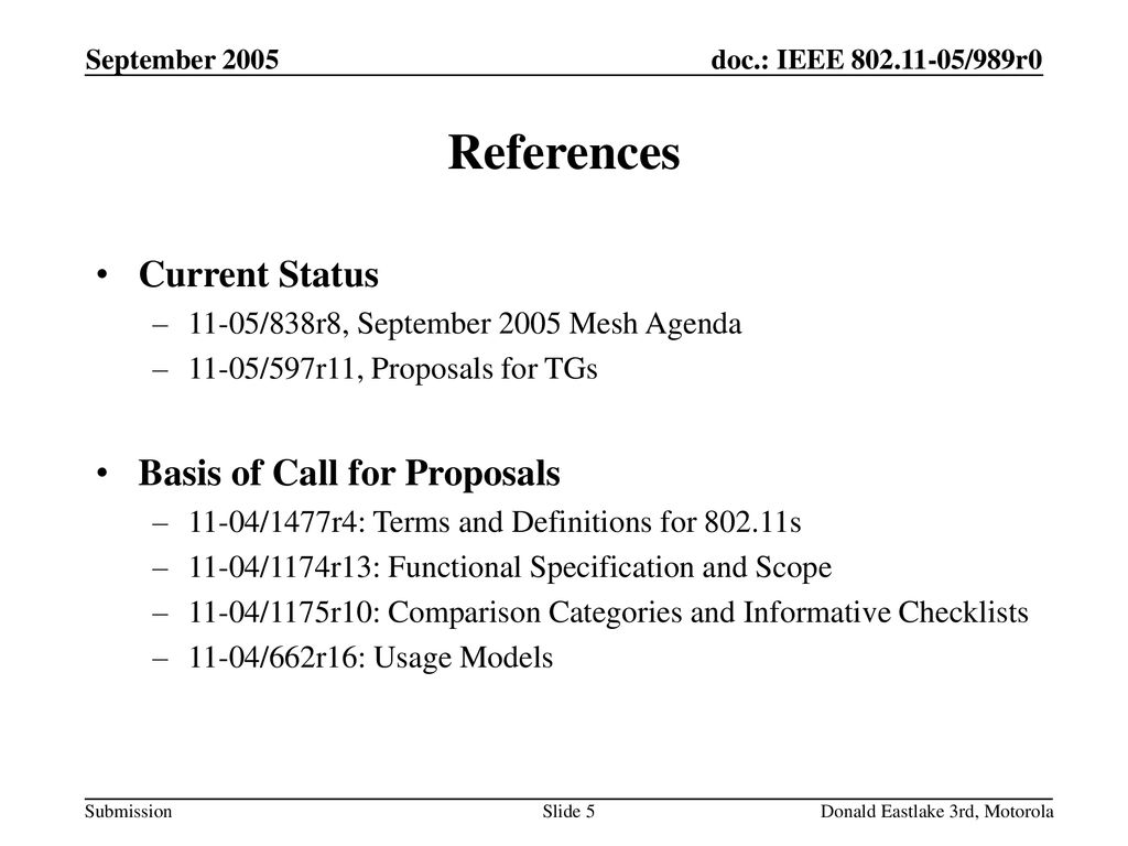 References Current Status Basis of Call for Proposals