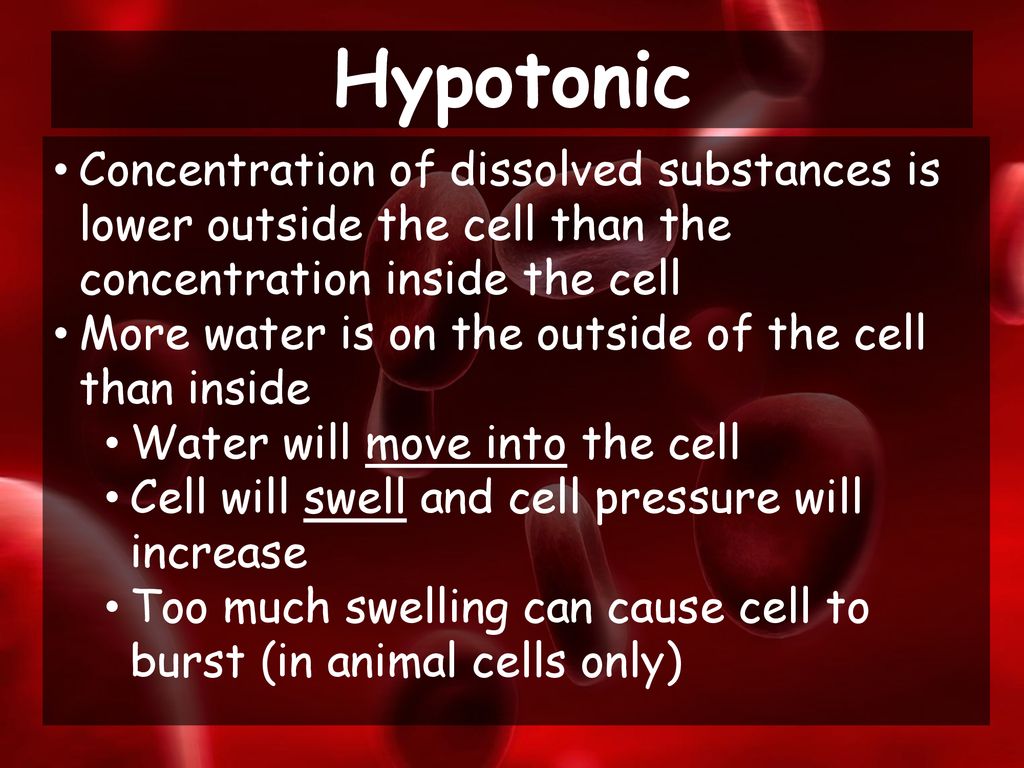 Hypotonic Concentration of dissolved substances is lower outside the cell than the concentration inside the cell.