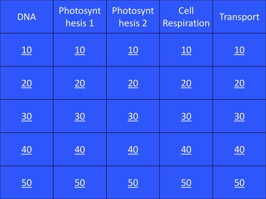 DNA Photosynthesis 1 Photosynthesis 2 Cell Respiration Transport