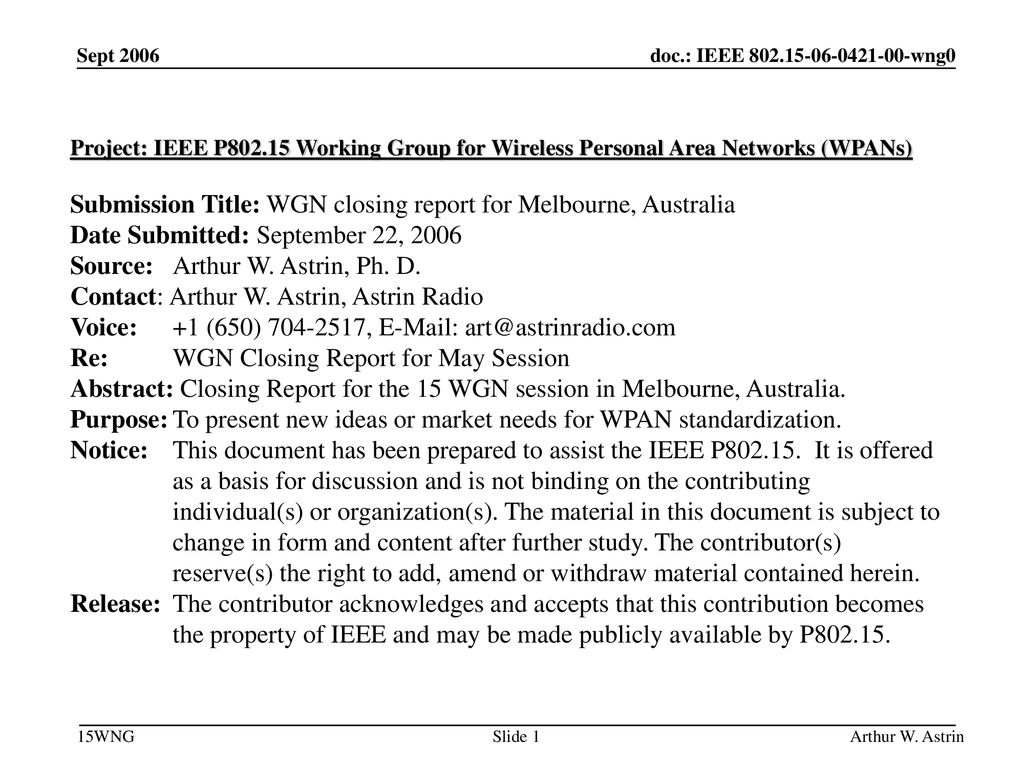 Submission Title: WGN closing report for Melbourne, Australia