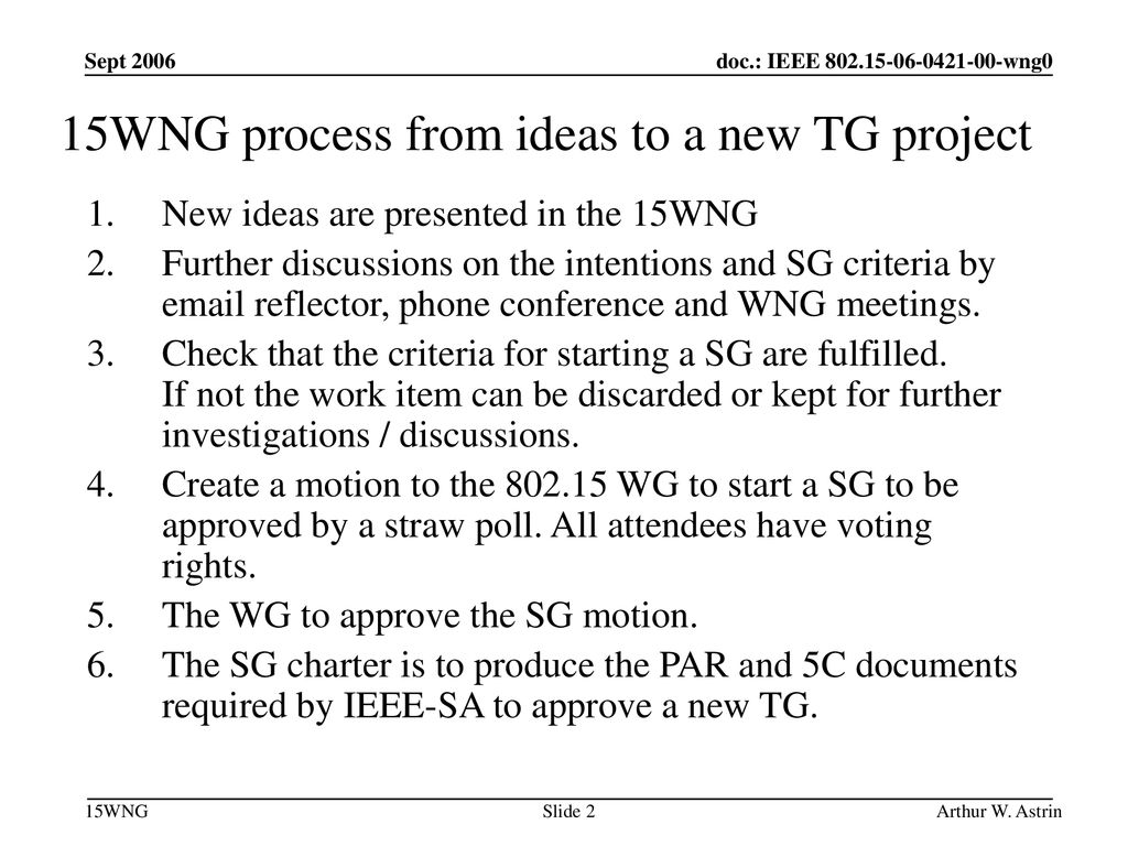 15WNG process from ideas to a new TG project