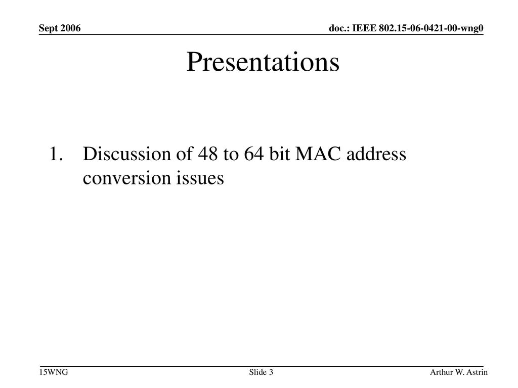 Presentations Discussion of 48 to 64 bit MAC address conversion issues