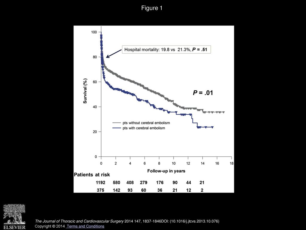 Figure 1 Long-term survival in patients with cerebral embolism compared with patients without cerebral embolism. pts, Patients.