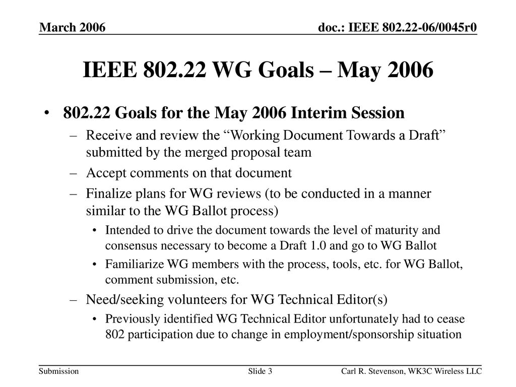 March 2006 IEEE WG Goals – May Goals for the May 2006 Interim Session.
