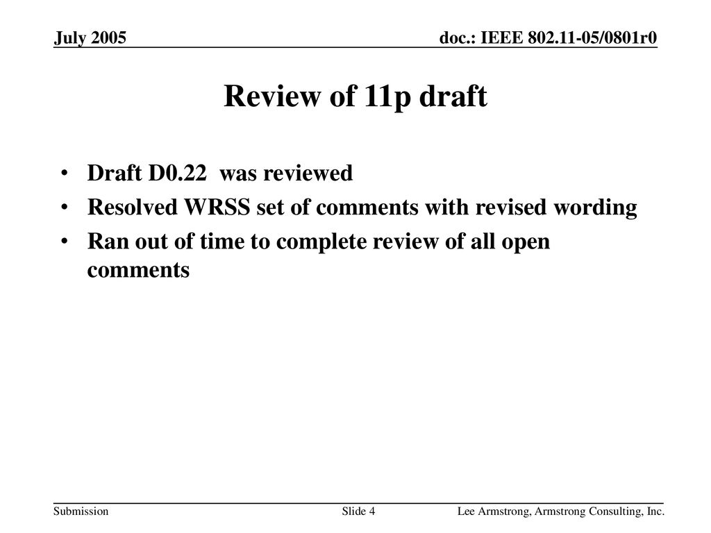 Review of 11p draft Draft D0.22 was reviewed
