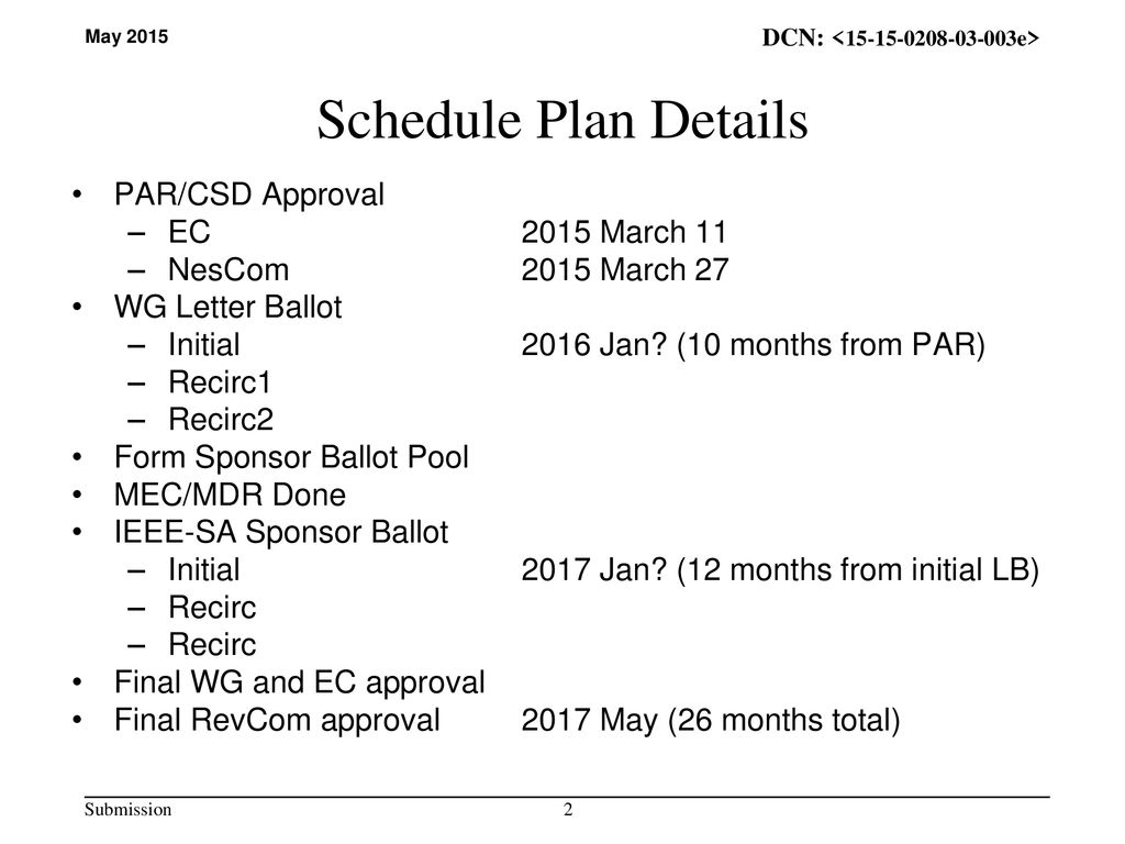 Schedule Plan Details PAR/CSD Approval EC 2015 March 11