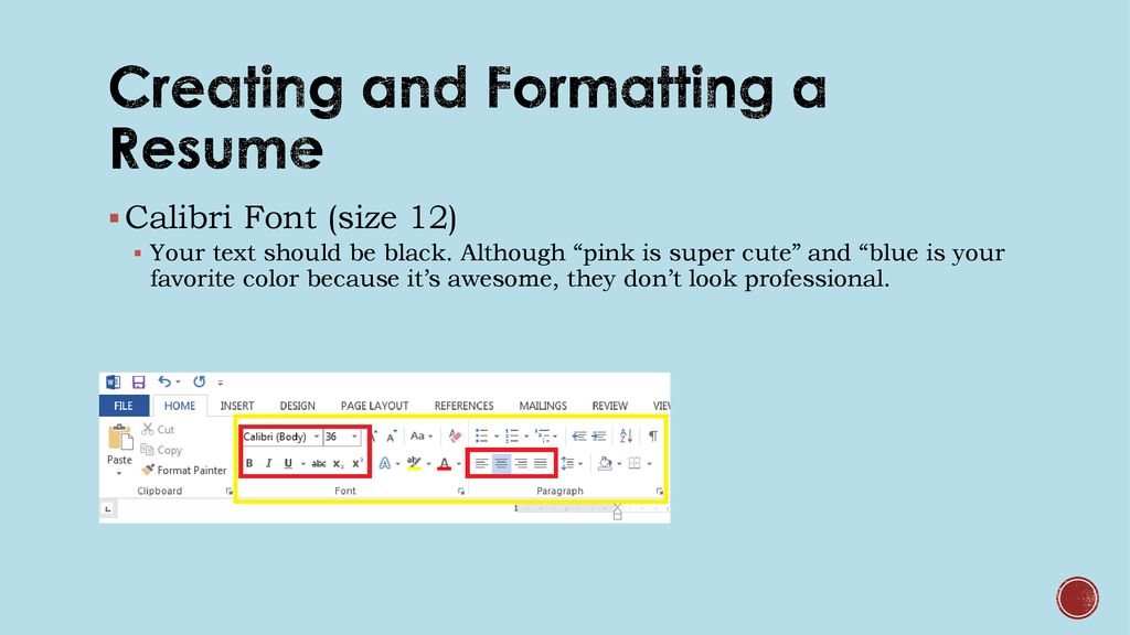 size of calibri font for resume