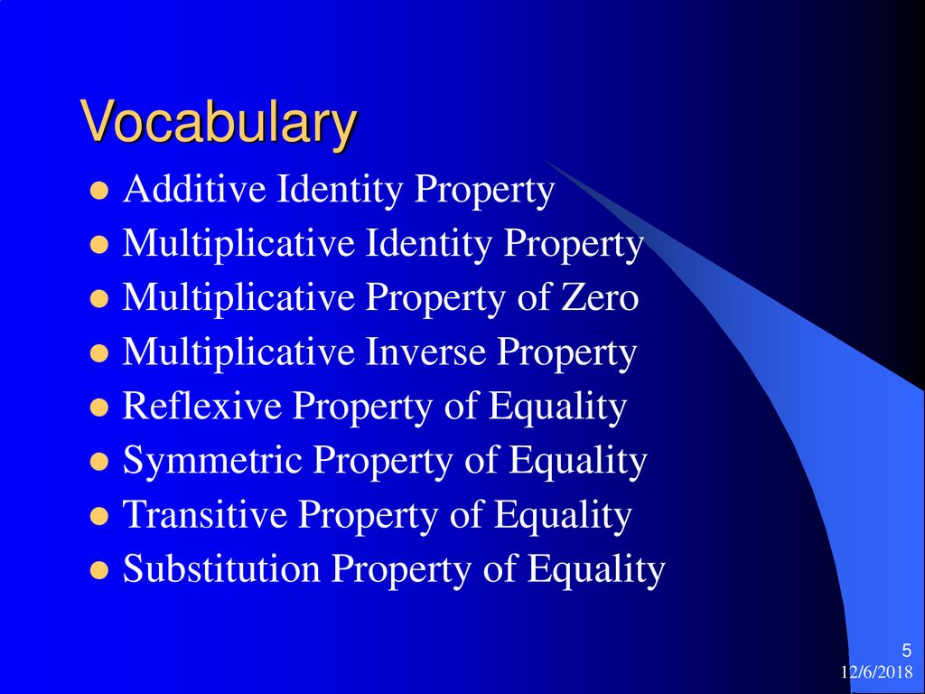Vocabulary Additive Identity Property Multiplicative Identity Property
