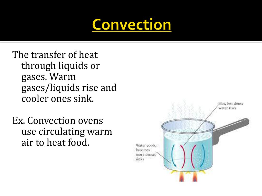 Convection The transfer of heat through liquids or gases. Warm gases/liquids rise and cooler ones sink.