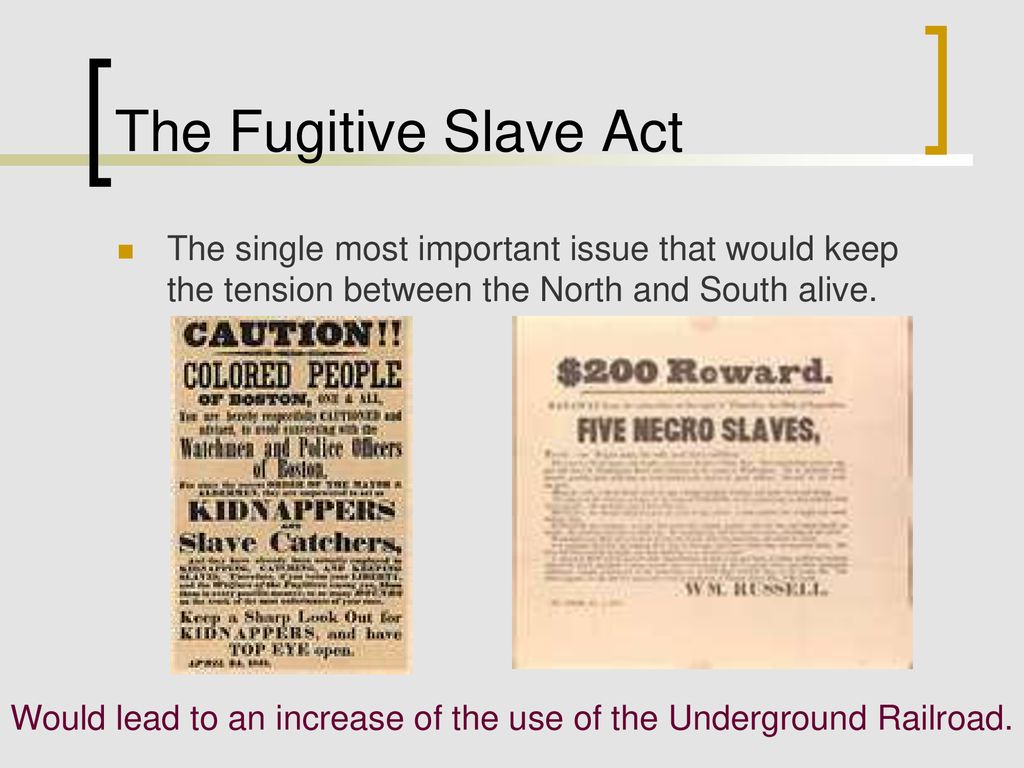 The Fugitive Slave Act The single most important issue that would keep the tension between the North and South alive.