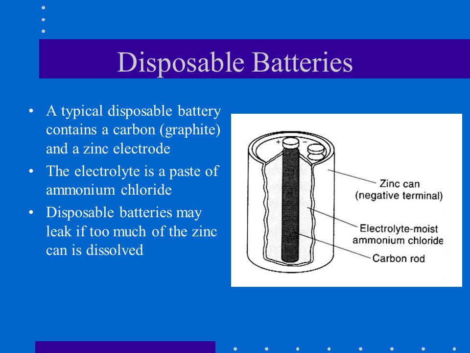 Disposable Batteries A typical disposable battery contains a carbon (graphite) and a zinc electrode.