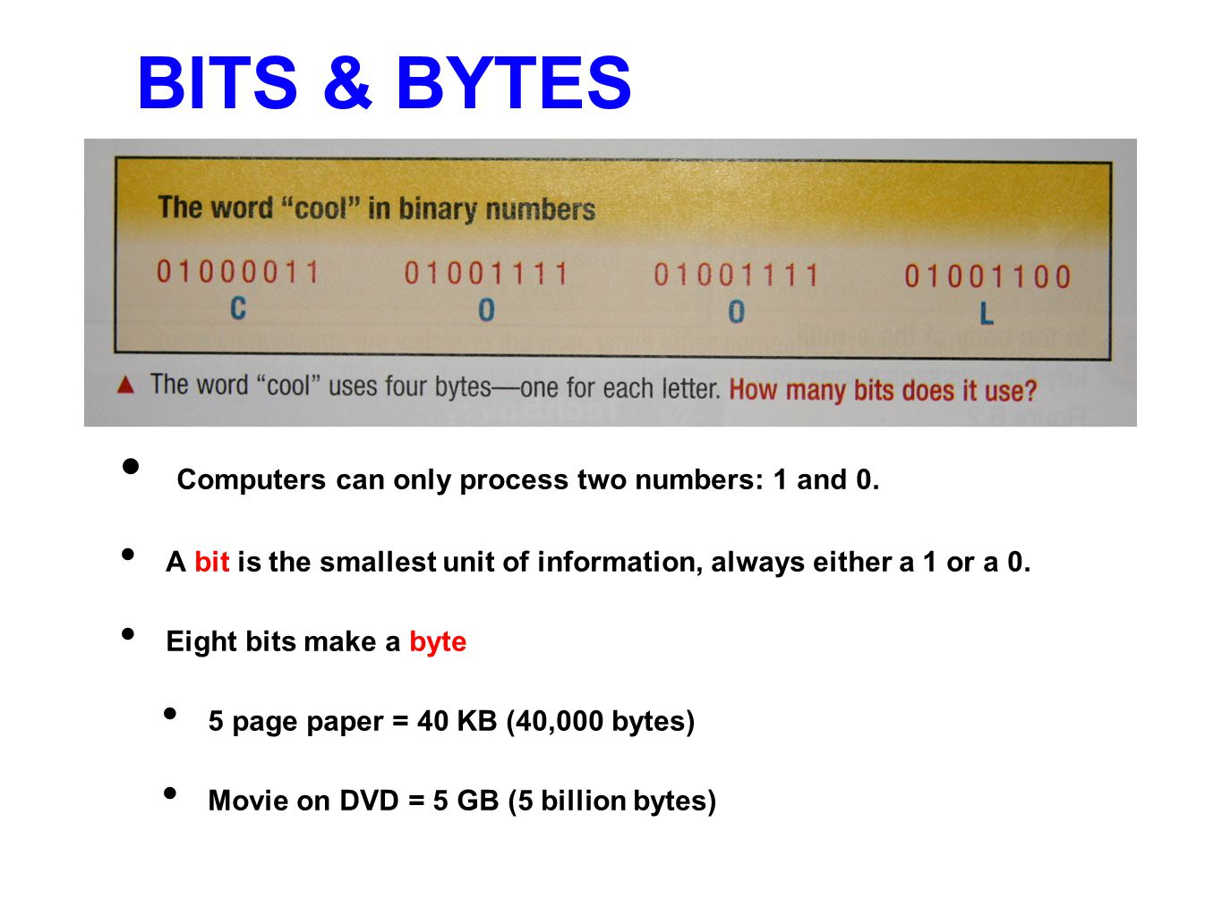 BITS & BYTES Computers can only process two numbers: 1 and 0.