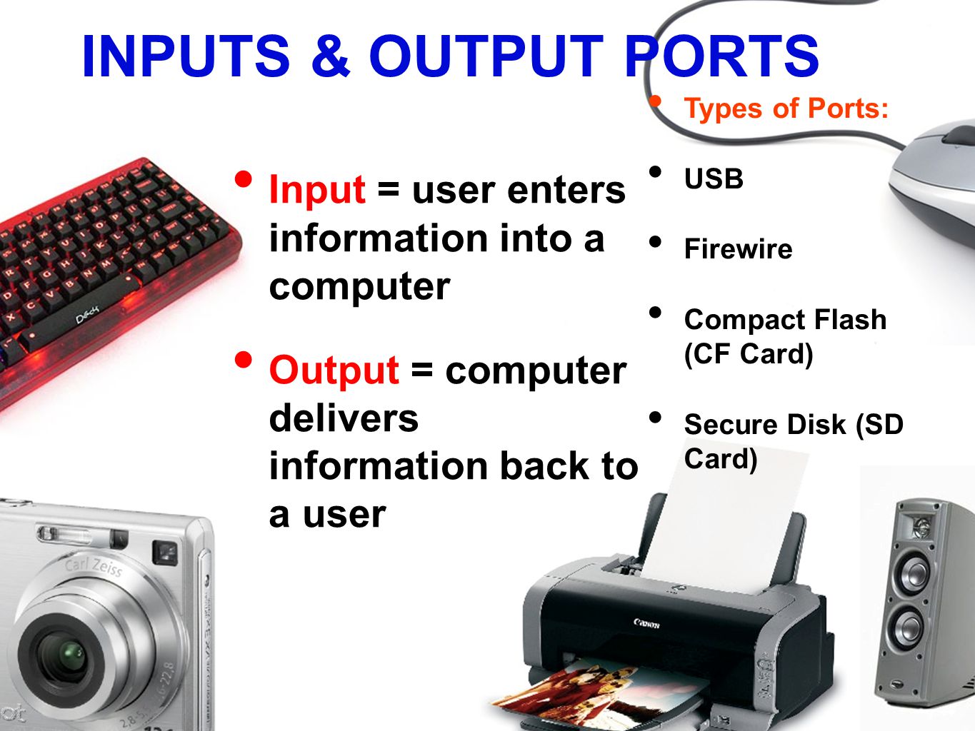 INPUTS & OUTPUT PORTS Input = user enters information into a computer