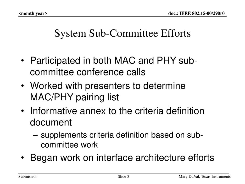 System Sub-Committee Efforts