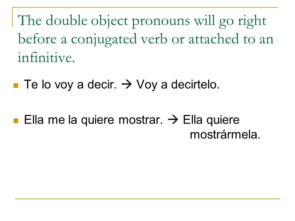 The double object pronouns will go right before a conjugated verb or attached to an infinitive.