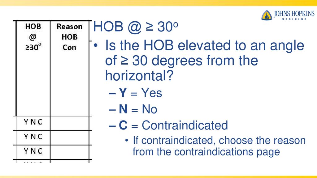 Is the HOB elevated to an angle of ≥ 30 degrees from the horizontal