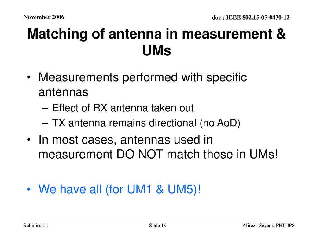 Matching of antenna in measurement & UMs