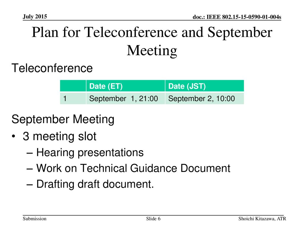 Plan for Teleconference and September Meeting