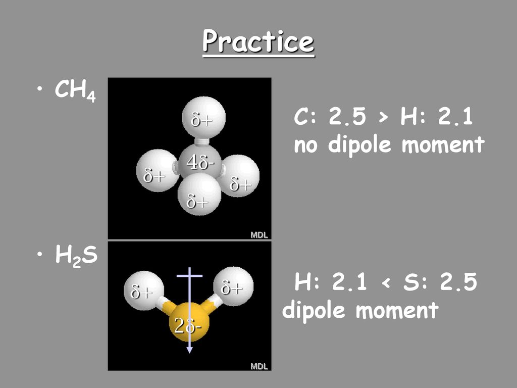 Practice CH4 C: 2.5 > H: 2.1 no dipole moment H2S