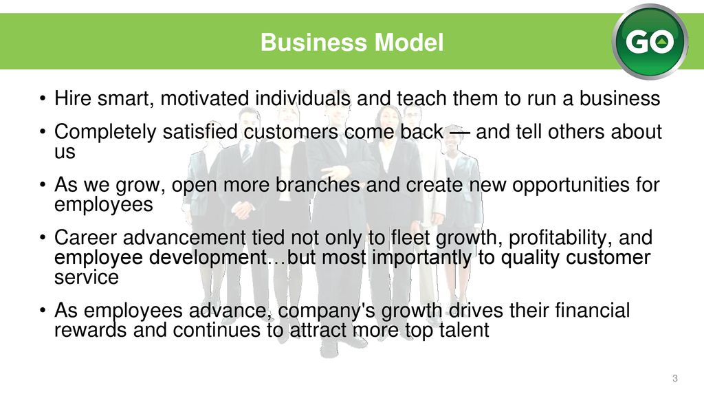 Business Model Hire smart, motivated individuals and teach them to run a business.