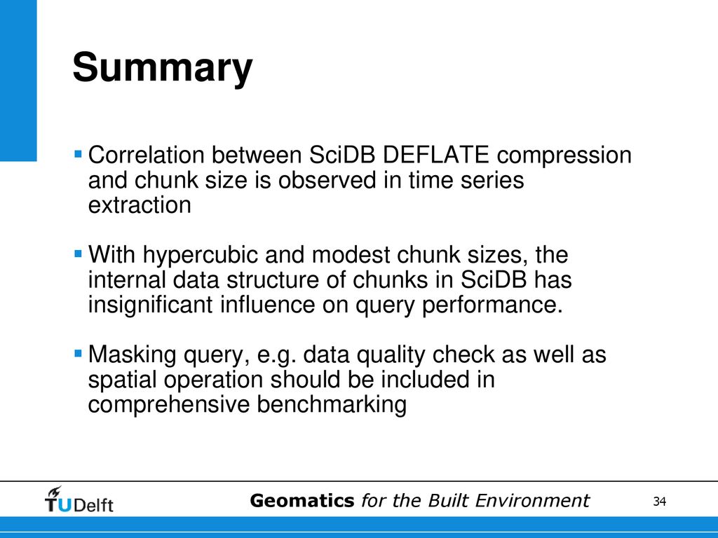 Summary Correlation between SciDB DEFLATE compression and chunk size is observed in time series extraction.