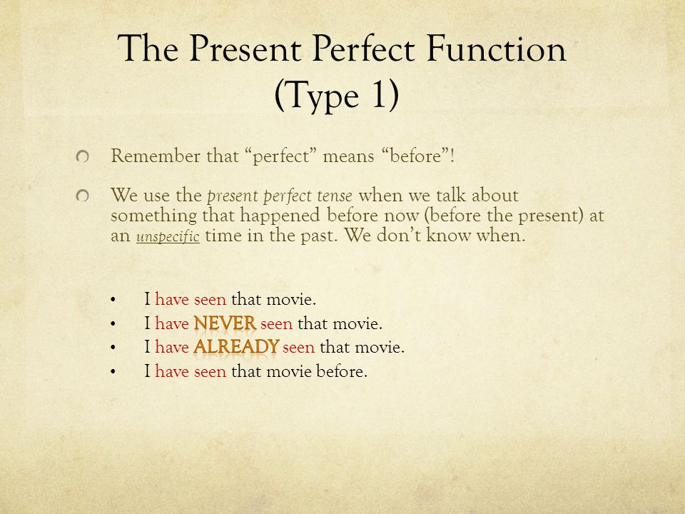 The Present Perfect Function (Type 1)