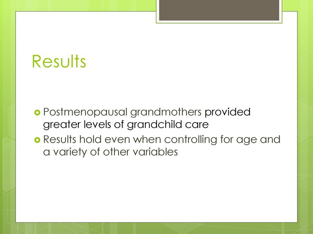 Results Postmenopausal grandmothers provided greater levels of grandchild care.