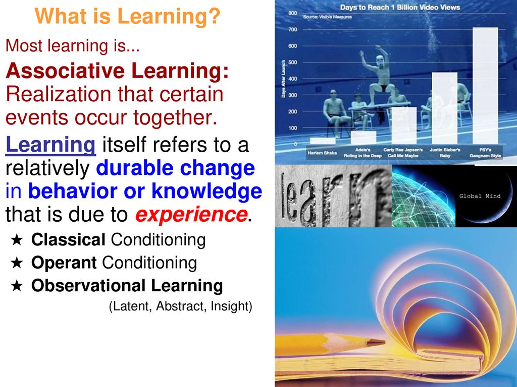 Associative Learning: Realization that certain events occur together.