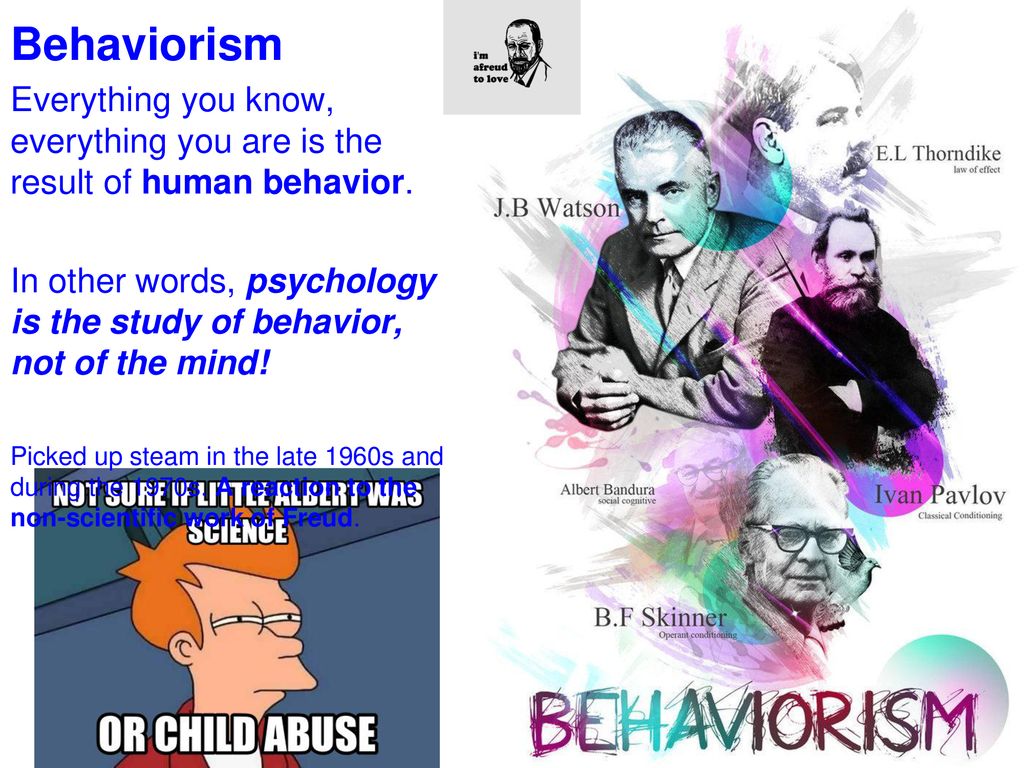 Behaviorism Everything you know, everything you are is the result of human behavior.
