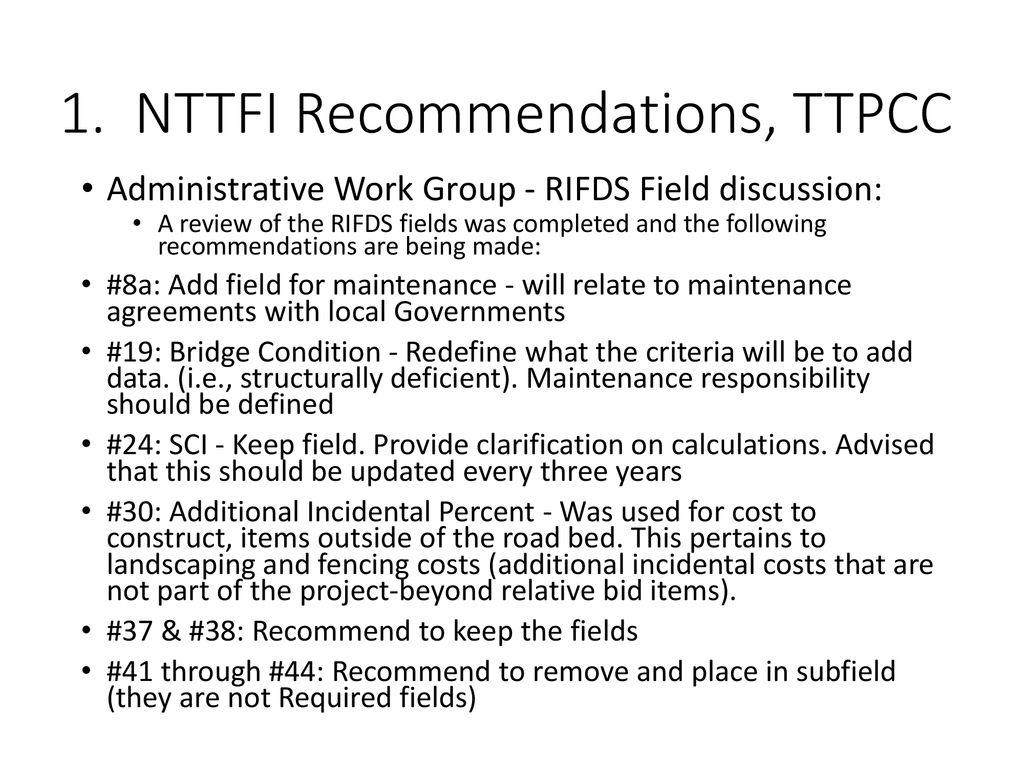 1. NTTFI Recommendations, TTPCC