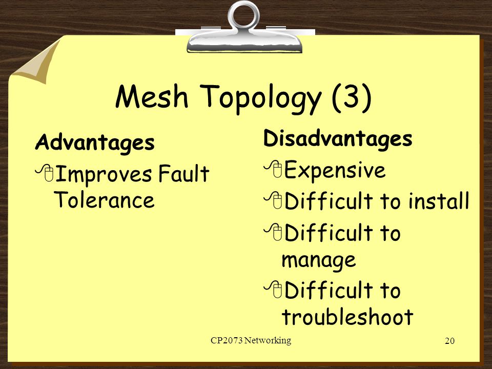Mesh Topology (3) Disadvantages Advantages Expensive
