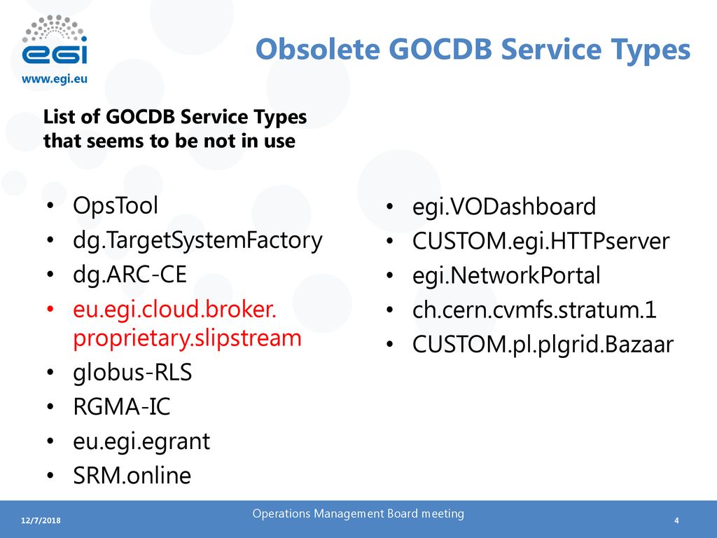 Obsolete GOCDB Service Types