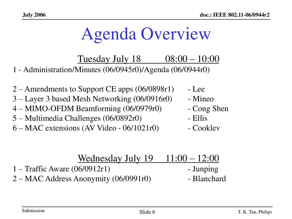 Agenda Overview Tuesday July 18 08:00 – 10:00