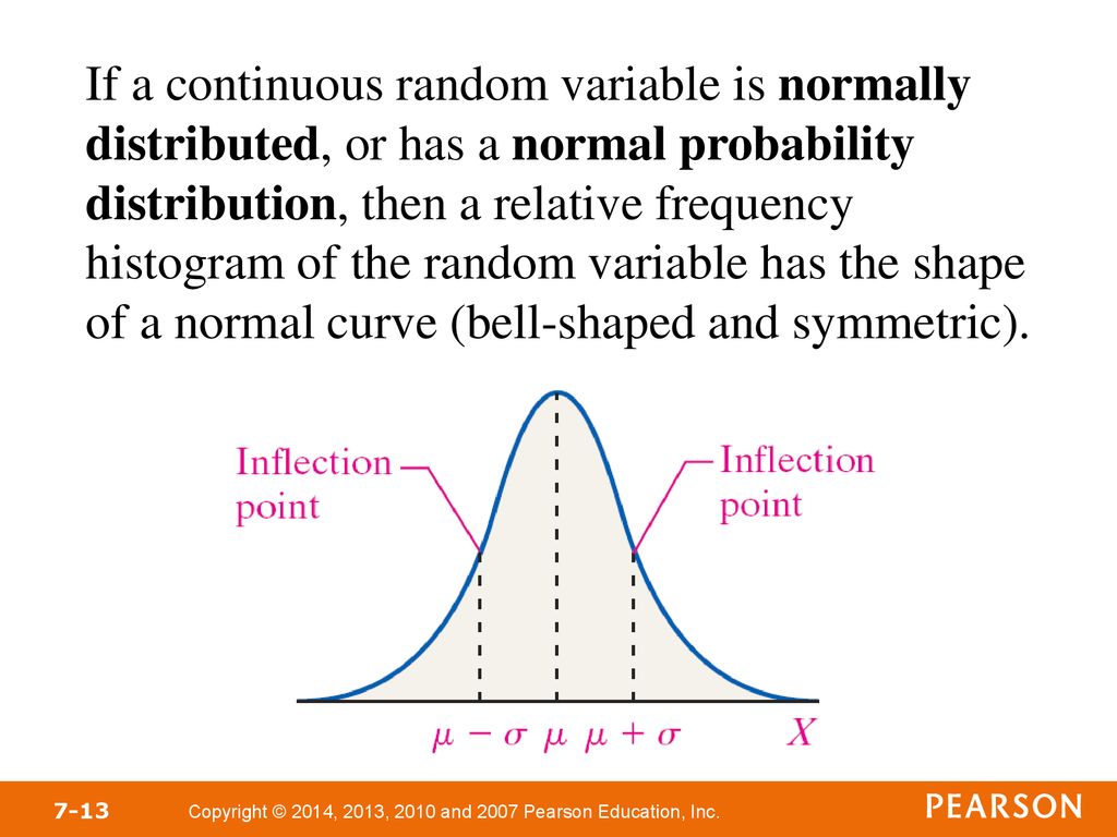 If a continuous random variable is normally distributed, or has a normal probability distribution, then a relative frequency histogram of the random variable has the shape of a normal curve (bell-shaped and symmetric).
