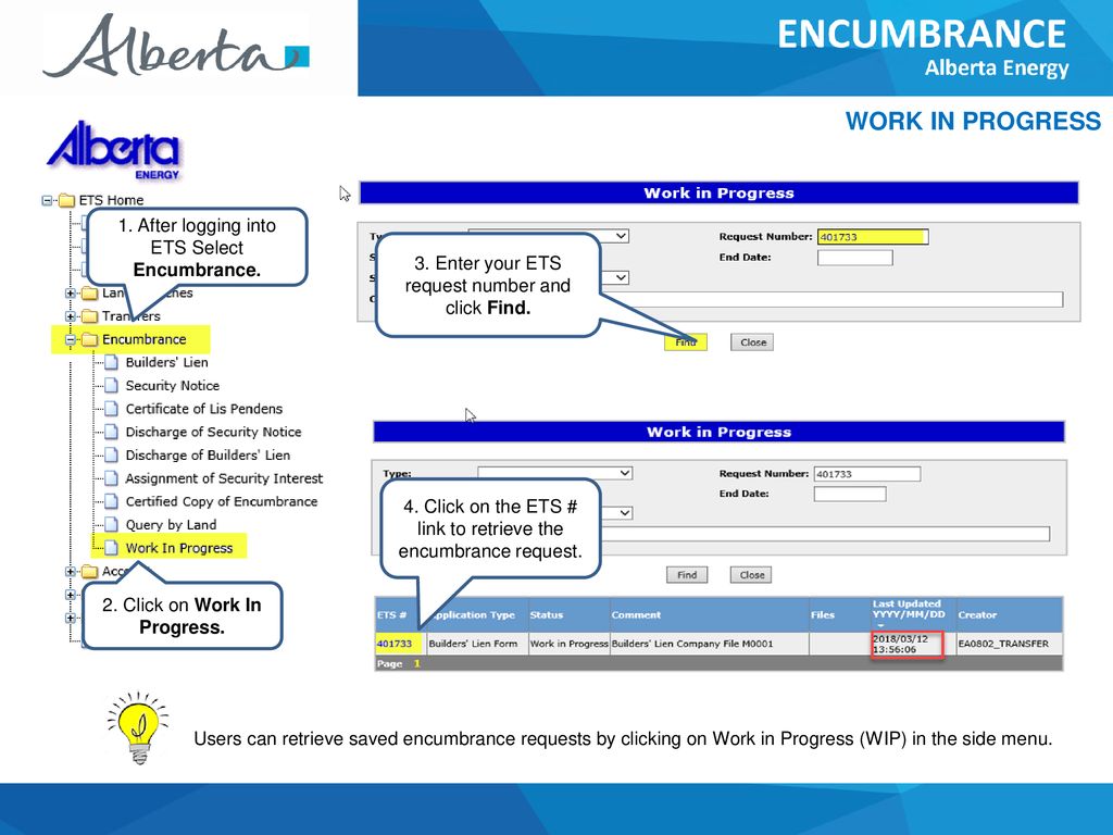 WORK IN PROGRESS 1. After logging into ETS Select Encumbrance.