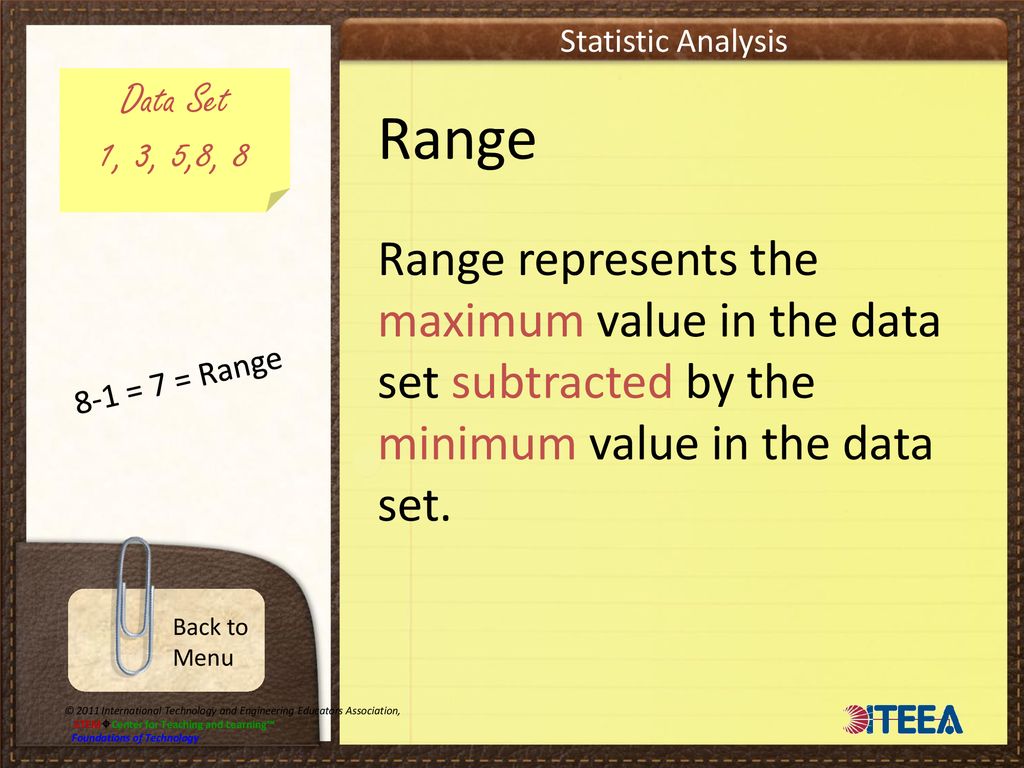 Statistic Analysis Data Set. 1, 3, 5,8, 8. Range.
