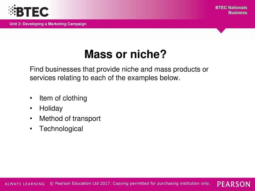 Mass and niche markets what is the difference between the two ppt