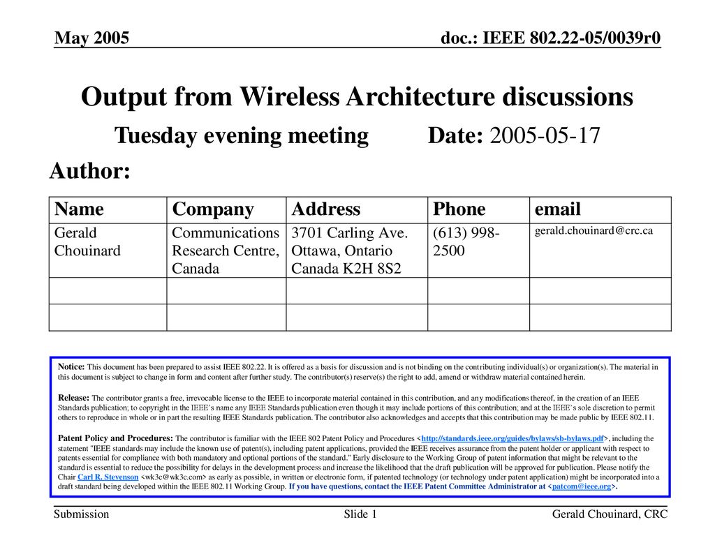 Output from Wireless Architecture discussions