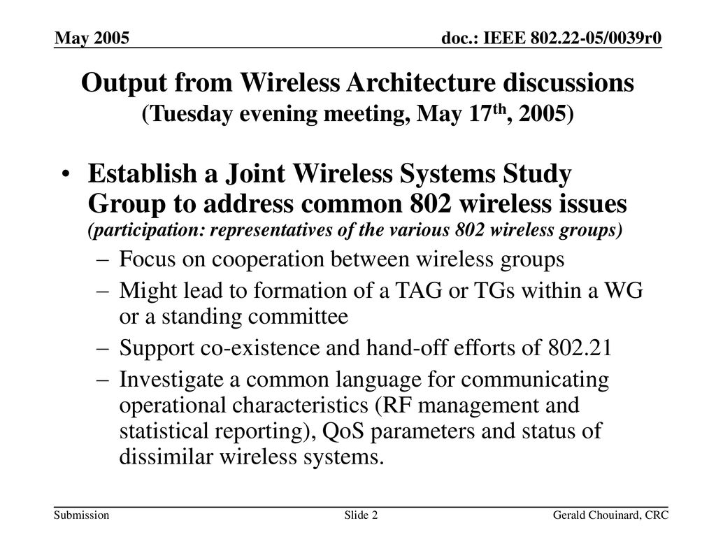 March 2005 doc.: IEEE /0040r0. May Output from Wireless Architecture discussions (Tuesday evening meeting, May 17th, 2005)