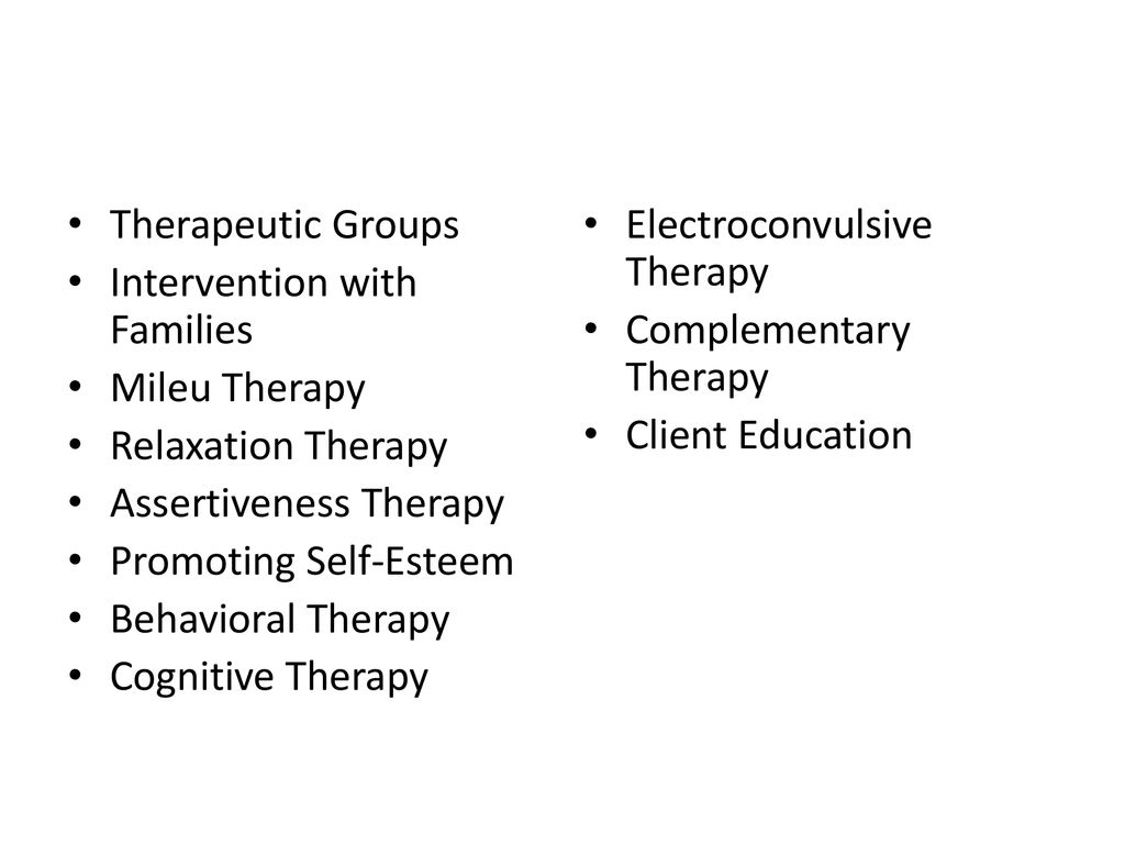 Therapeutic Groups Intervention with Families. Mileu Therapy. Relaxation Therapy. Assertiveness Therapy.