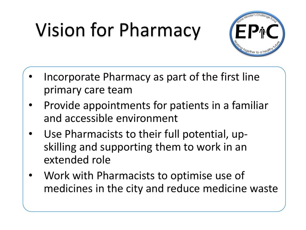 Vision for Pharmacy Incorporate Pharmacy as part of the first line primary care team.