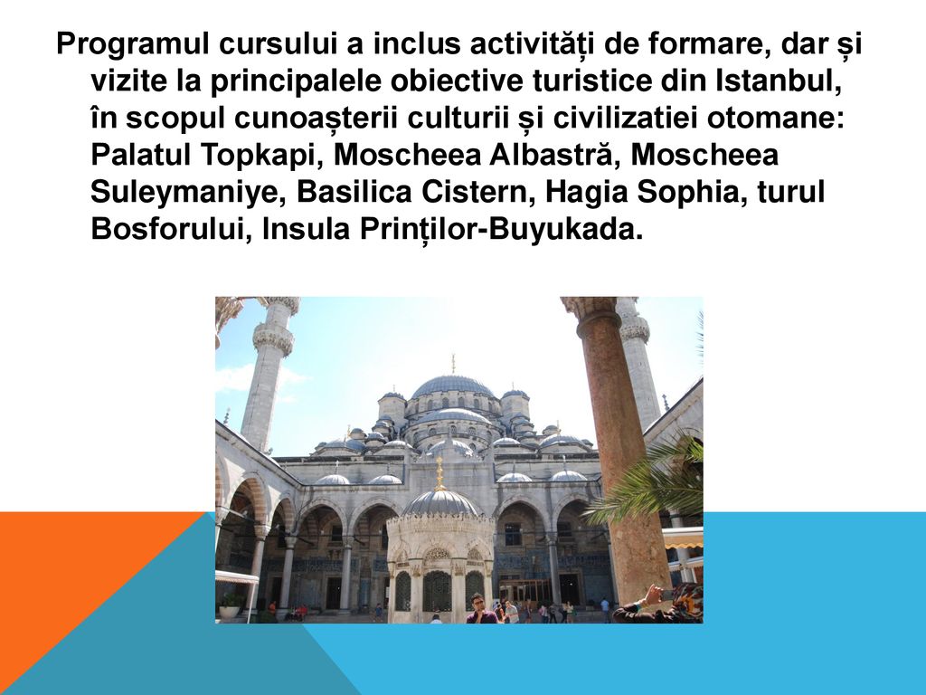 Programul cursului a inclus activități de formare, dar și vizite la principalele obiective turistice din Istanbul, în scopul cunoașterii culturii și civilizatiei otomane: Palatul Topkapi, Moscheea Albastră, Moscheea Suleymaniye, Basilica Cistern, Hagia Sophia, turul Bosforului, Insula Prinților-Buyukada.